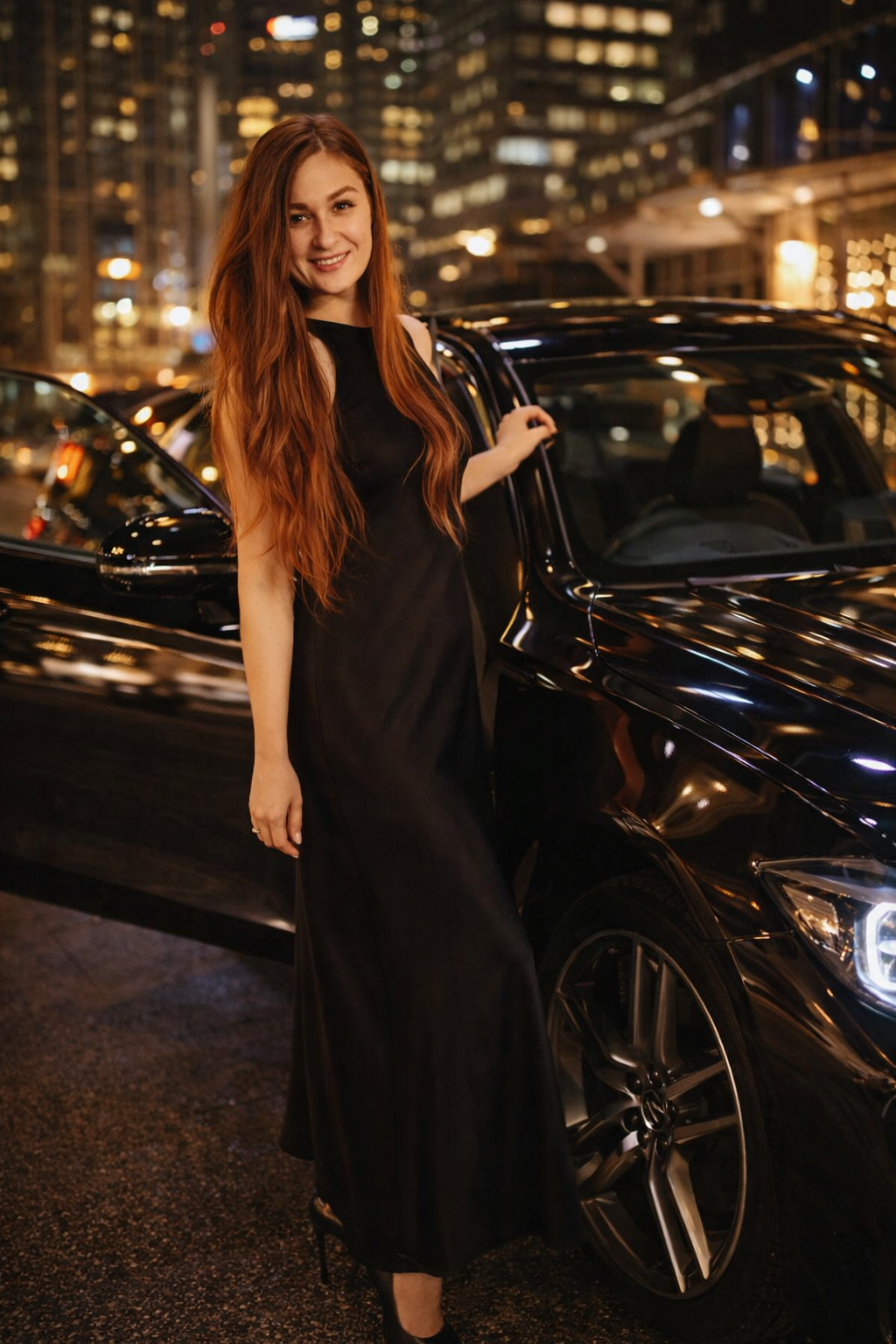 Гламурный портрет у роскошного автомобиля в ночном городе